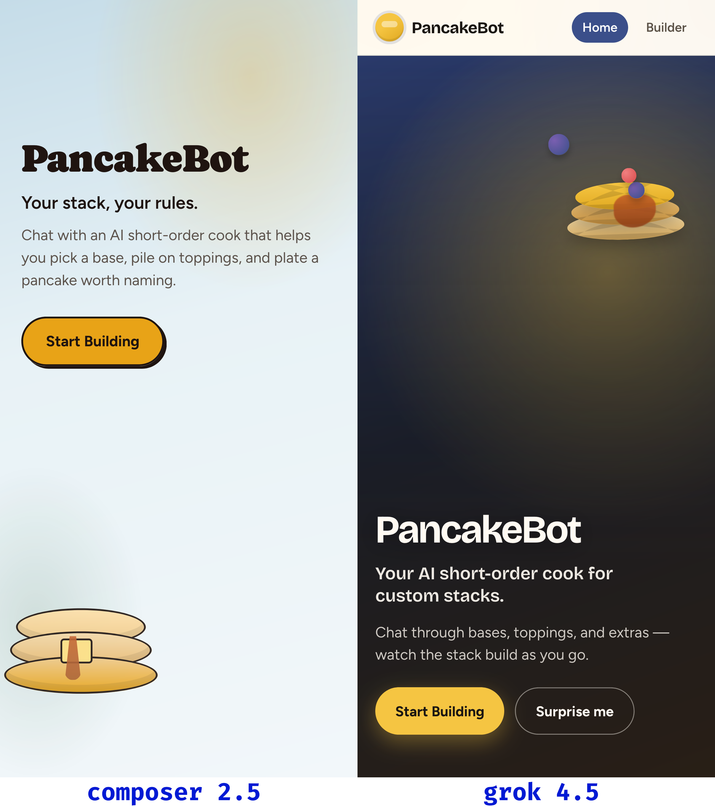 Side-by-side of the PancakeBot landing pages built by Composer 2.5 and Grok 4.5
